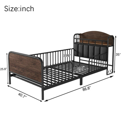 Twinsizeindustrialdaybedframedimensionswithmetalframeandwoodpanelheadboard_86.8inchlengthwithstorageheadboardshelf