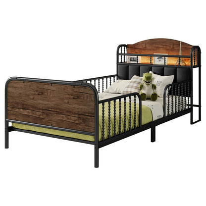 Twinsizemetaldaybedframewithwoodaccents_upholsteredbackrestandsturdyslatsupportforkidsorguestroom
