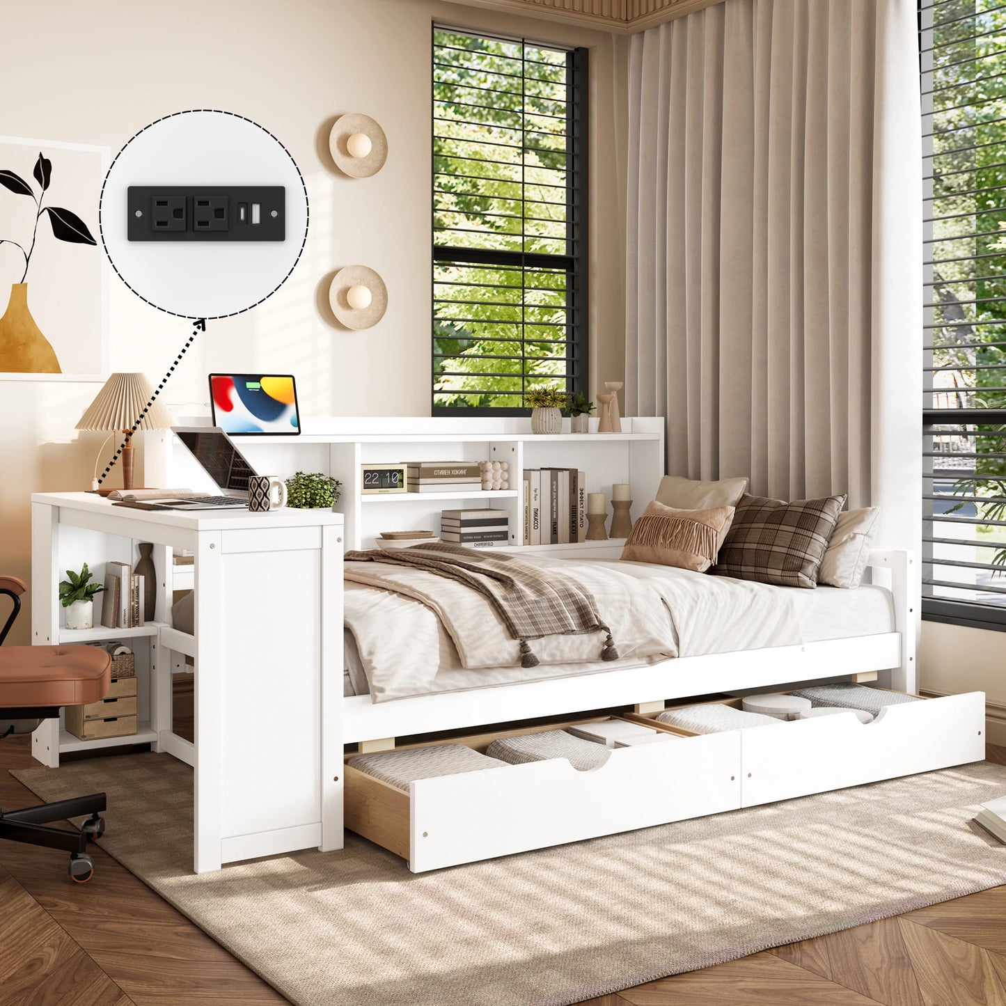 Twinsizewhitedaybedwithdesk_storagedrawers_bookcaseheadboardandbuilt-inchargingstationinmodernbedroom