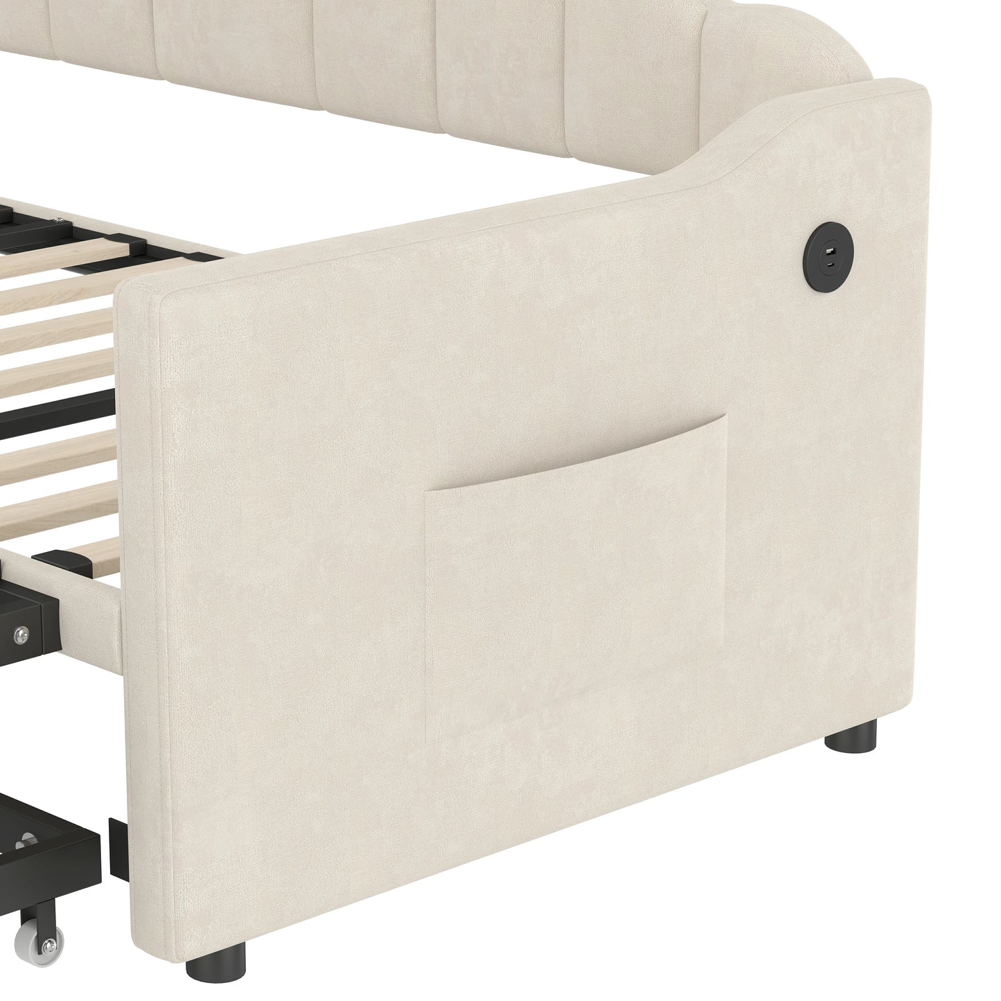 Upholstereddaybedsidepanelwithbuilt-inUSBchargingportandstoragepocketdetail