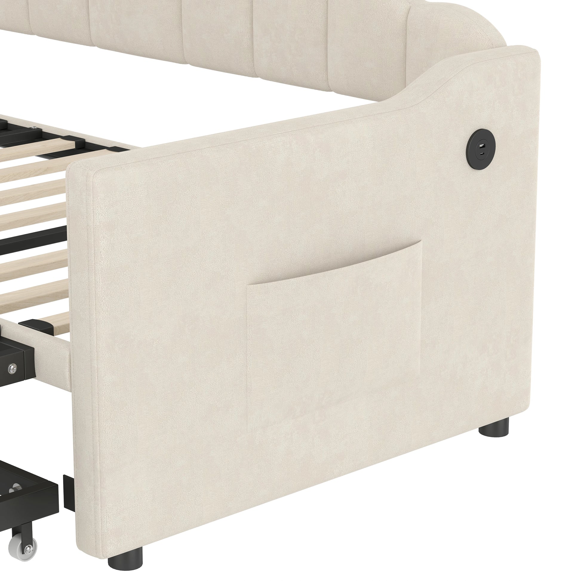 Upholstereddaybedsidepanelwithbuilt-inUSBchargingportandstoragepocketdetail