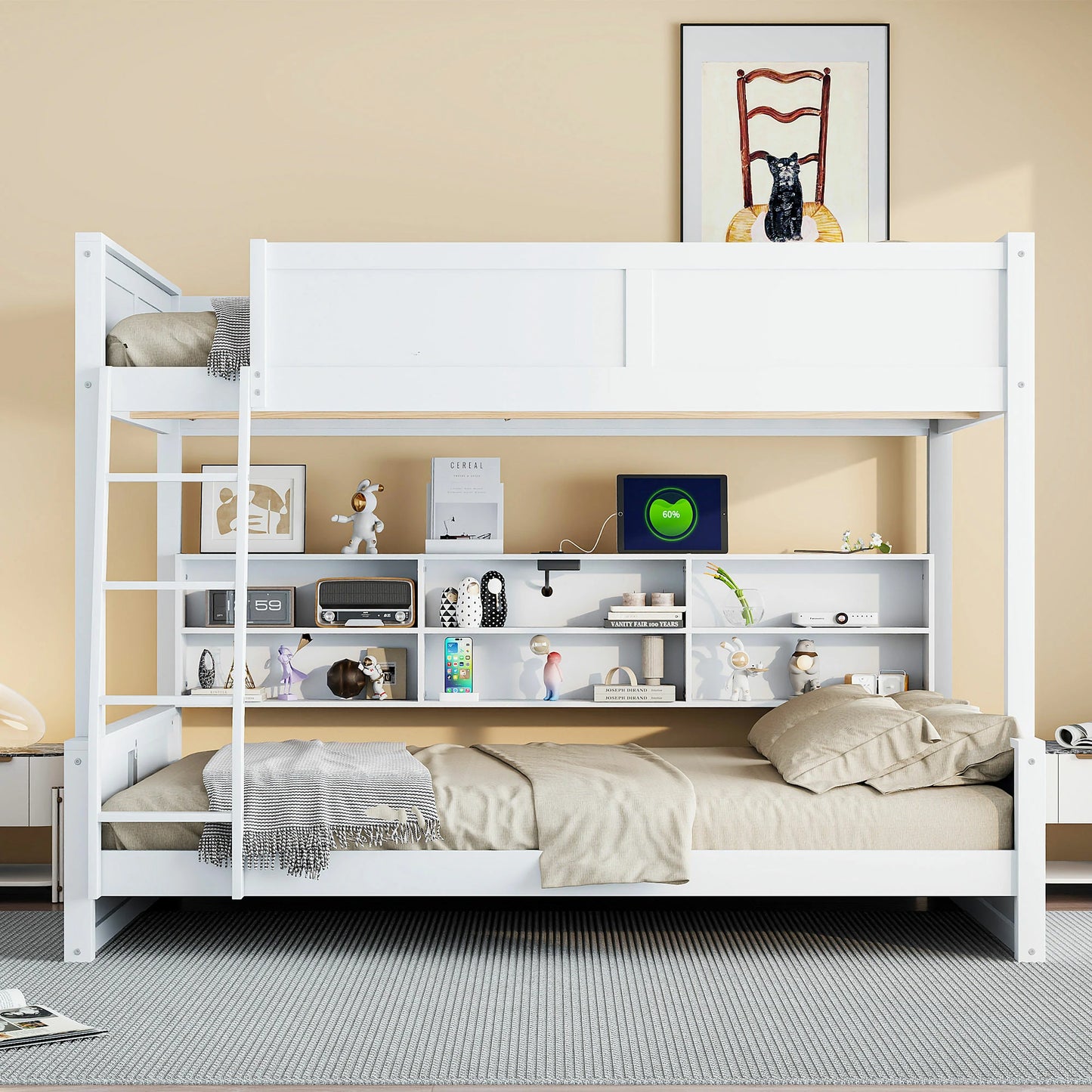 Mirightone™ Full XL over Queen Bunk Bed with Storage Cabinets and USB Ports
