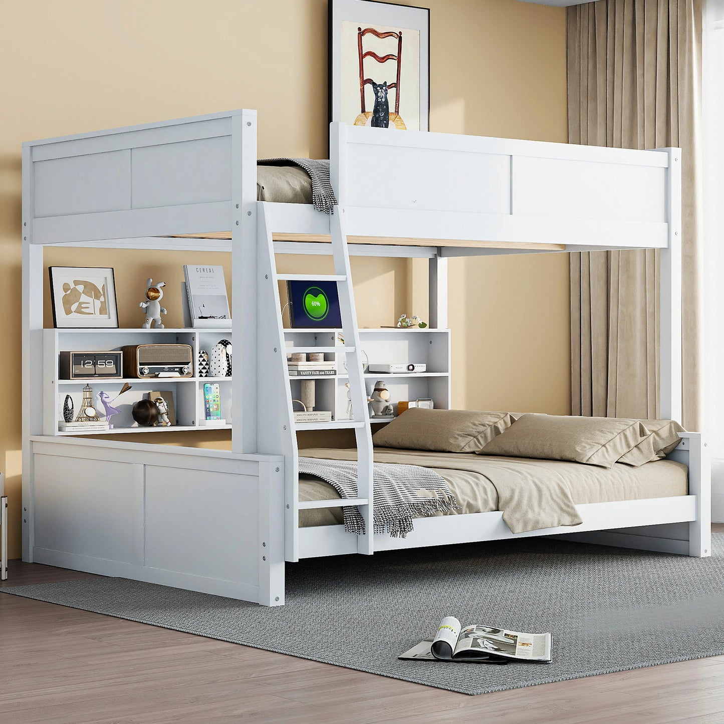 Mirightone™ Full XL over Queen Bunk Bed with Storage Cabinets and USB Ports