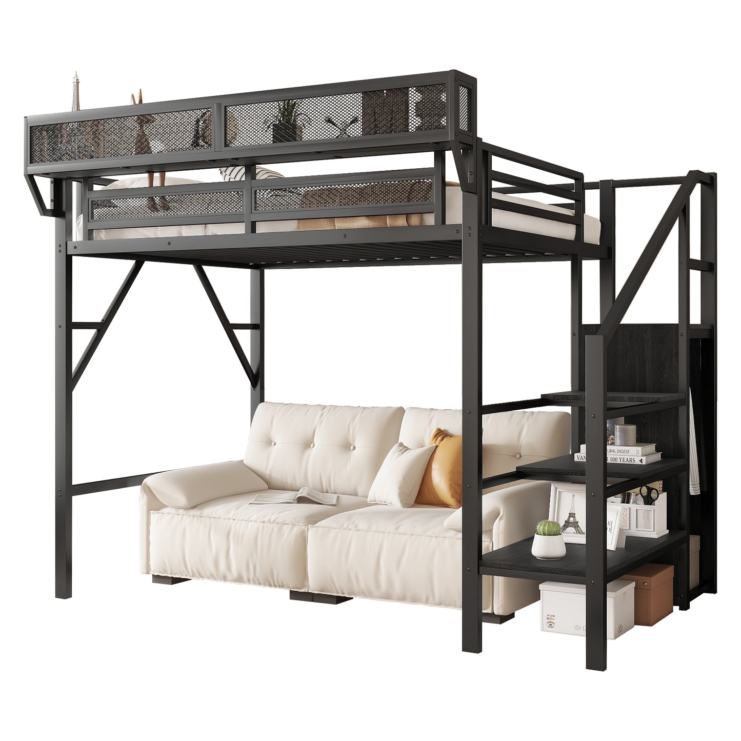 Mirightone™  Twin Size Loft Bed with Stairs and Storage, Metal Loft Bed Frame , Black