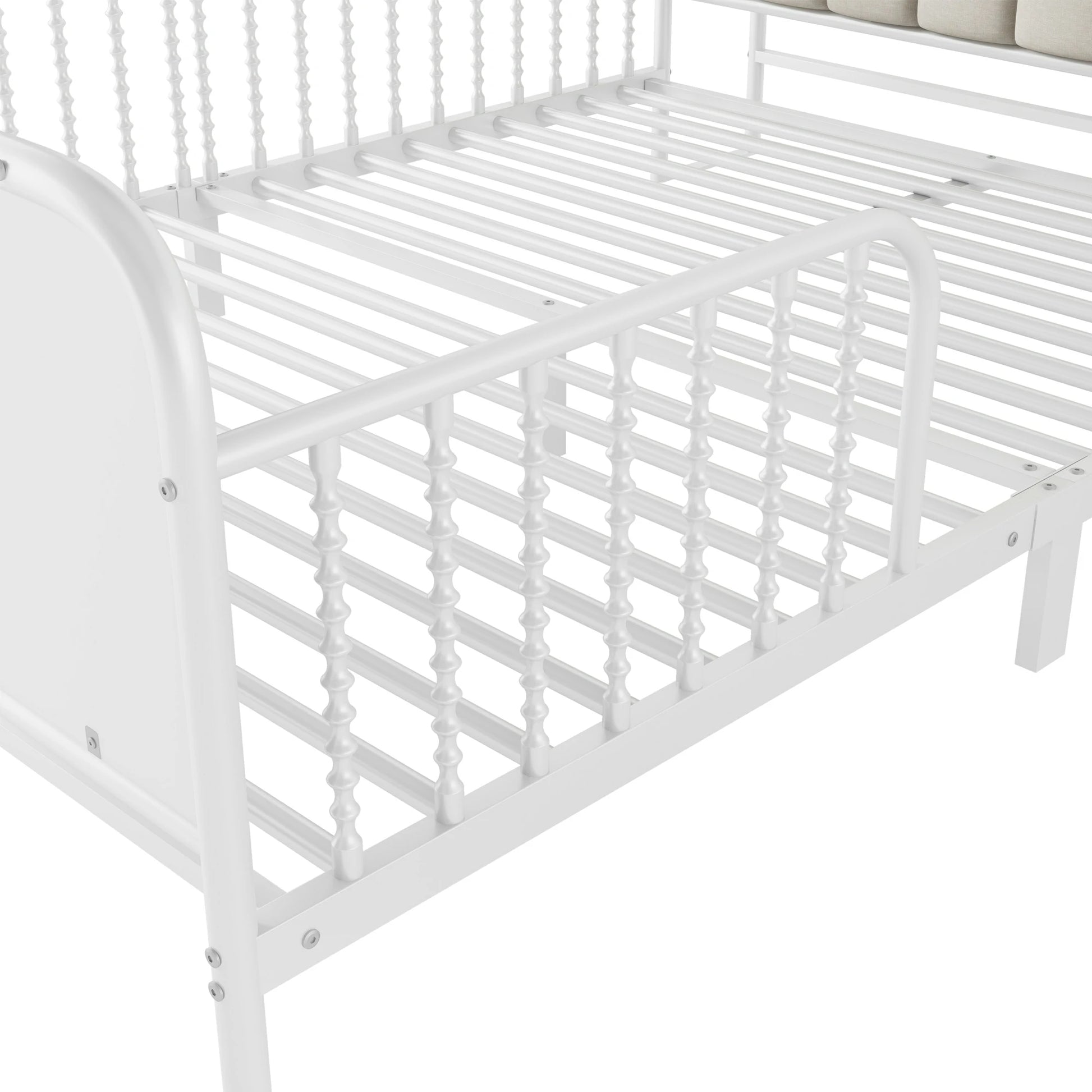 Whitekidstwinbedframewithsturdymetalslatsandfullsafetyguardrails_durableandstableconstruction