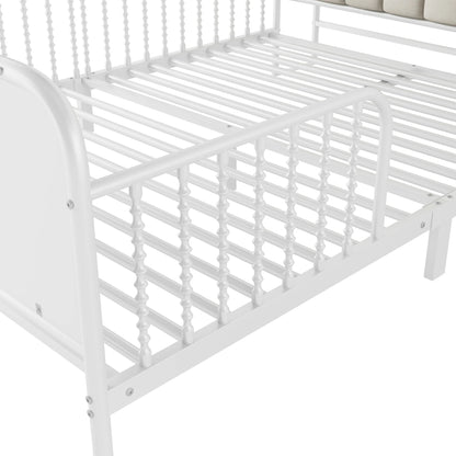 Whitekidstwinbedframewithsturdymetalslatsandfullsafetyguardrails_durableandstableconstruction