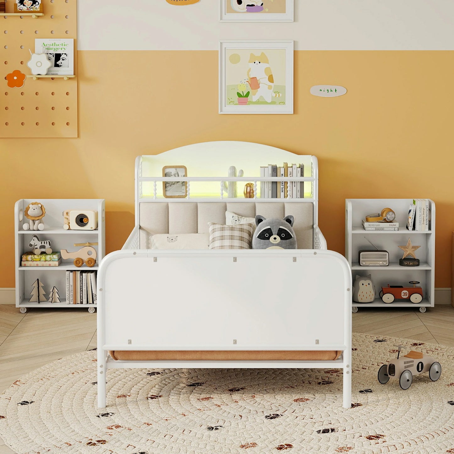 WhitekidstwinbedwithLEDheadboard_upholsteredbackrestandstorageshelfinmodernkidsbedroom