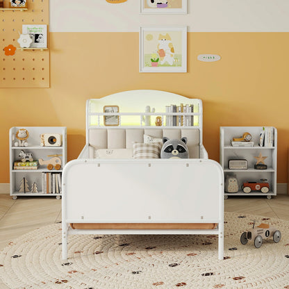 WhitekidstwinbedwithLEDheadboard_upholsteredbackrestandstorageshelfinmodernkidsbedroom