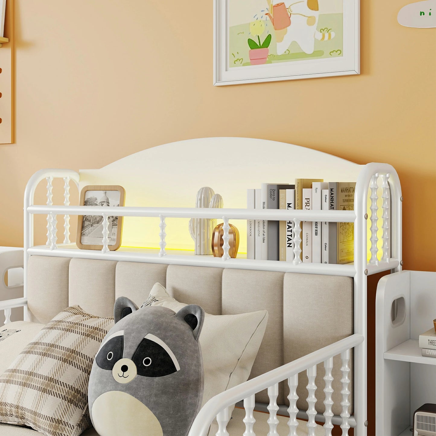 WhitekidstwinbedwithLEDlightheadboard_storageshelfandupholsteredbackrestdetail