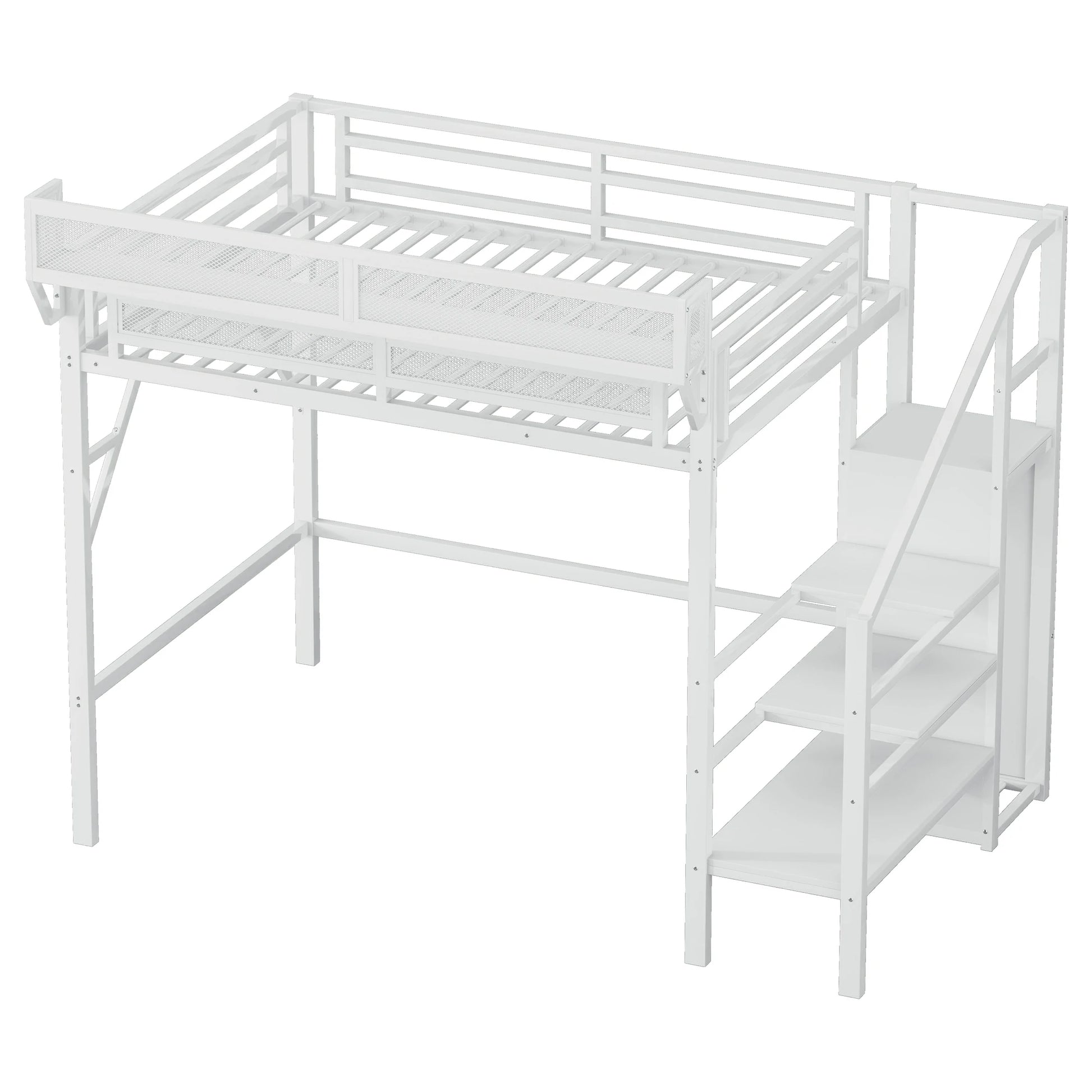 Whitemetalloftbedframewithstairsandstorageshelves_modernminimalistloftbed