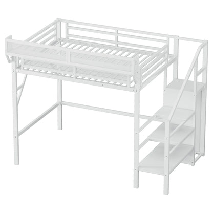 Whitemetalloftbedframewithstairsandstorageshelves_modernminimalistloftbed