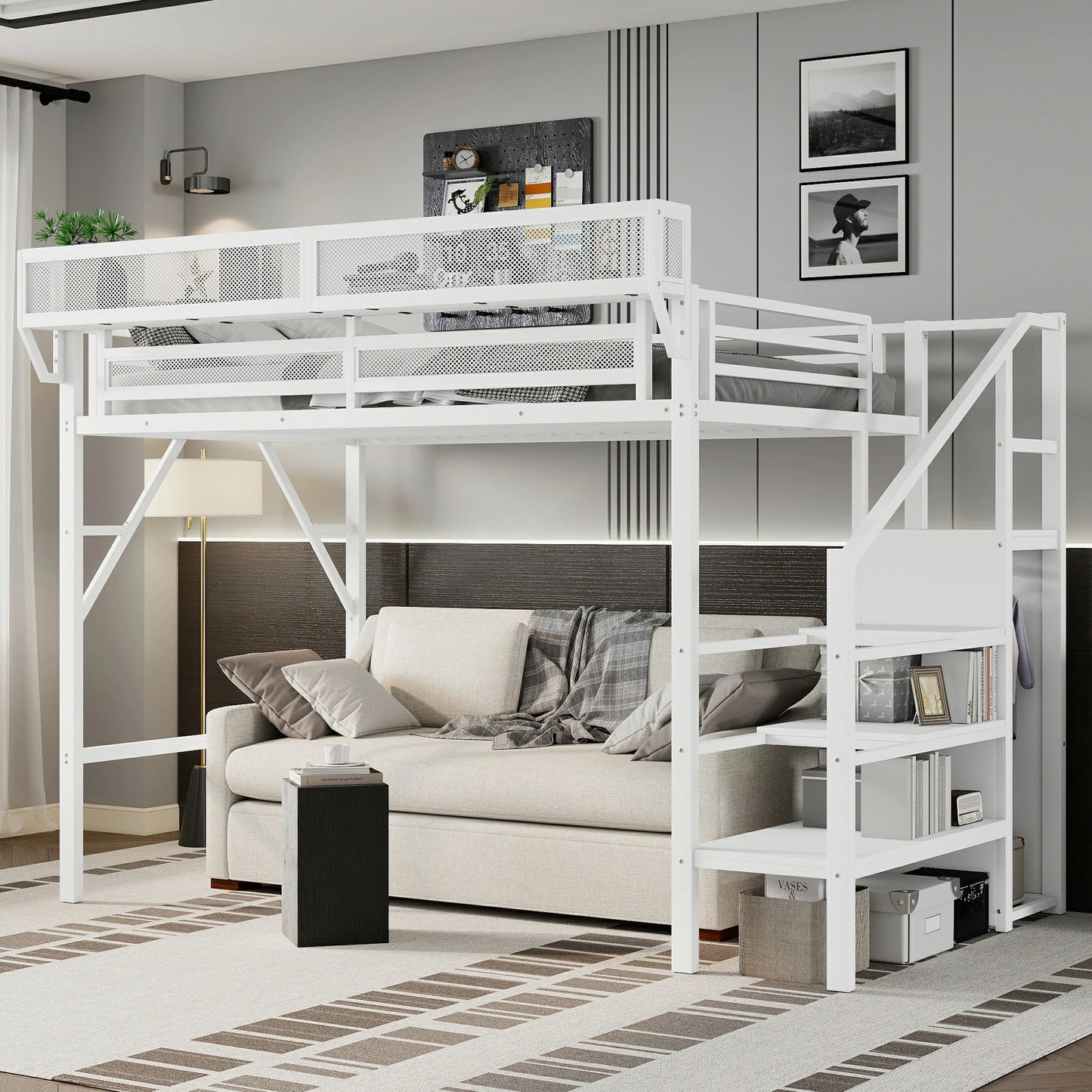 Whitemetalloftbedwithstairs_storageshelvesandsofaunderneath_modernspace-savingloftbedforsmallbedroom