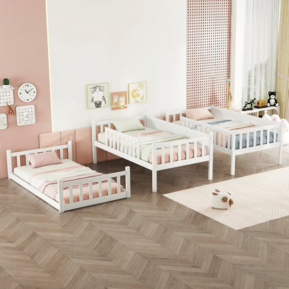 Whitetriplebunkbedconvertedinto3separatetwinbeds_showninabrightkidsbedroom.Thisdetachablewoodenbunkbedoffersflexiblesleepingarrangementsforsiblings_guestrooms_andcha