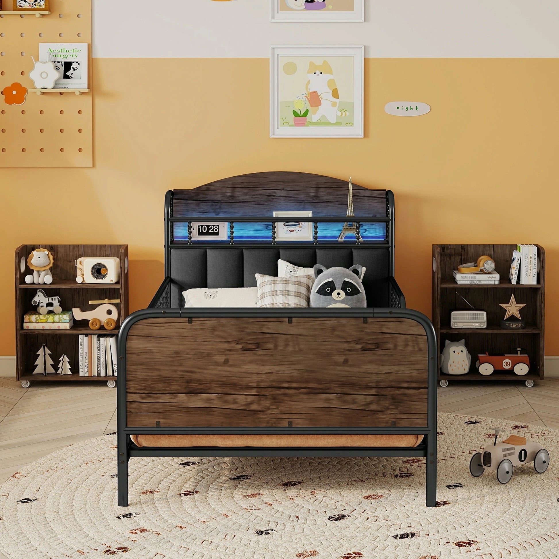 WoodandmetalkidsbedwithLEDheadboardandstorageshelfincozybedroom