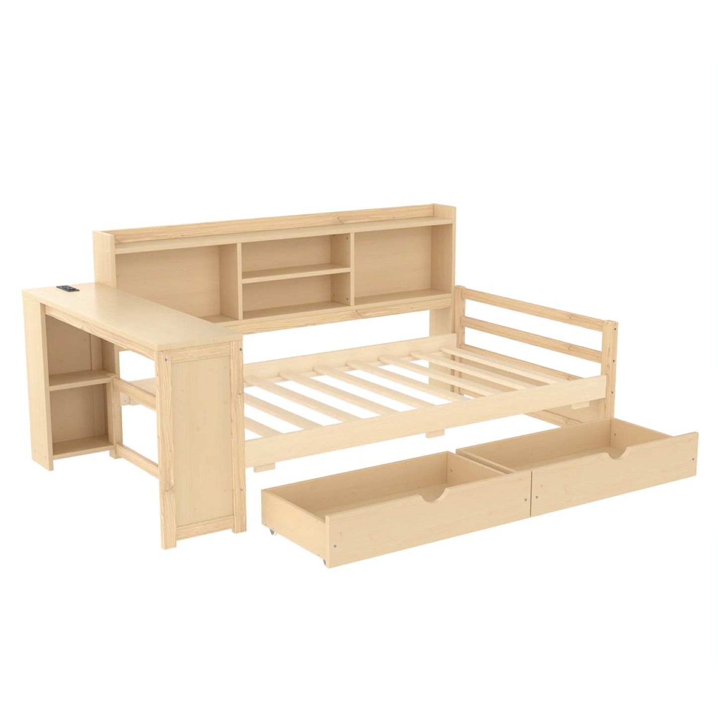 Wooddaybedframestructurewithslats_storagedrawersandshelvingsystem