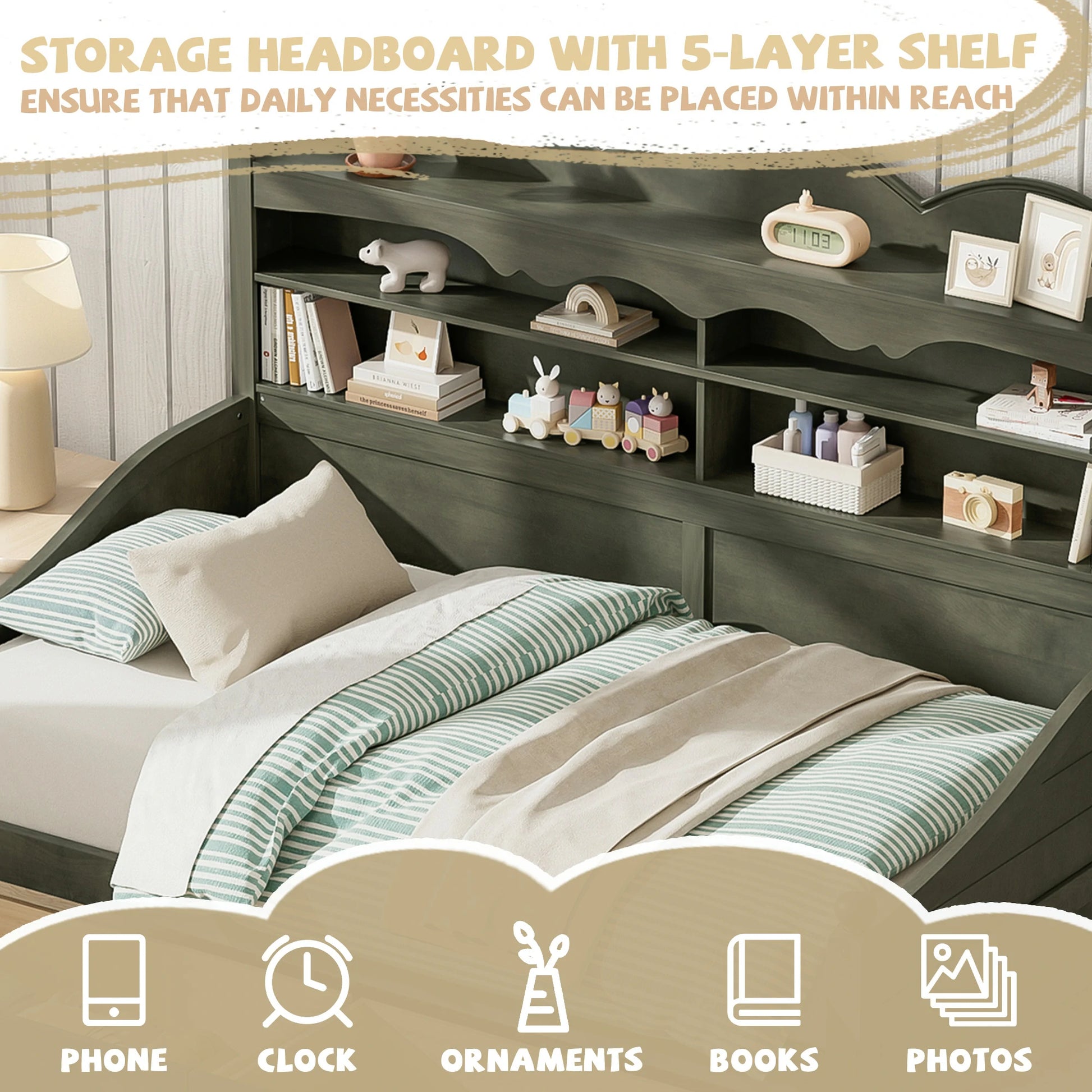 Wooden_twin_daybed_frame_with_a_storage_headboard_and_5-layer_open_shelving_offering_convenient_space_for_books_alarm_clocks_phones_ornaments_and_framed_photos._A_functional