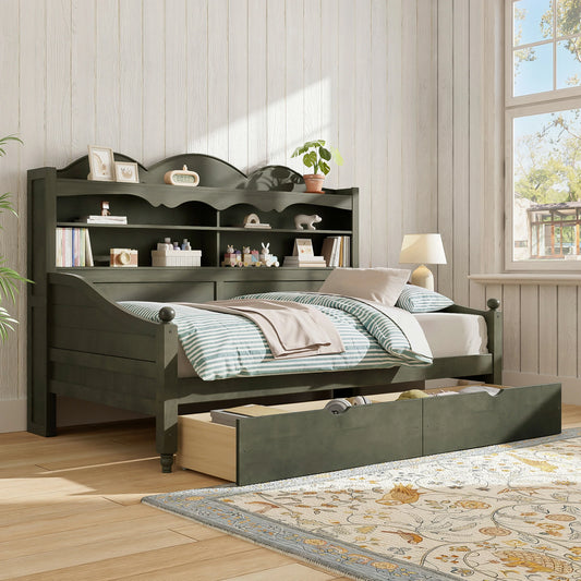 Wooden_twin_daybed_with_a_storage_headboard_open_shelves_and_a_pull-out_underbed_drawer_designed_for_organized_kids_bedrooms_and_compact_spaces._The_bookcase_headboard_provide