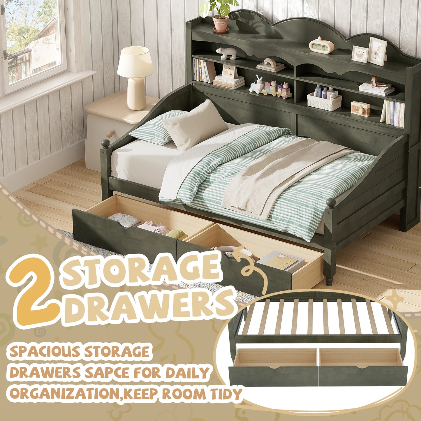 Wooden_twin_daybed_with_storage_drawers_and_bookcase_headboard_designed_with_built-in_shelves_and_spacious_underbed_storage_for_organizing_books_toys_bedding_and_daily_essent