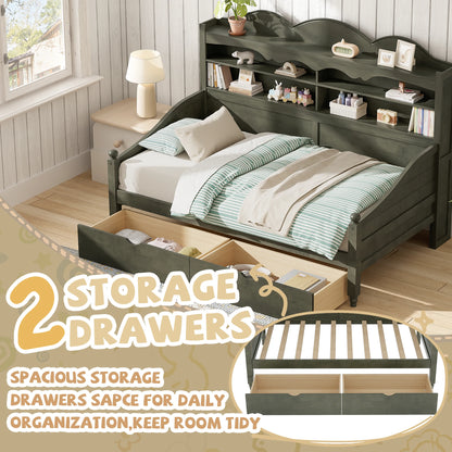 Wooden_twin_daybed_with_storage_drawers_and_bookcase_headboard_designed_with_built-in_shelves_and_spacious_underbed_storage_for_organizing_books_toys_bedding_and_daily_essent