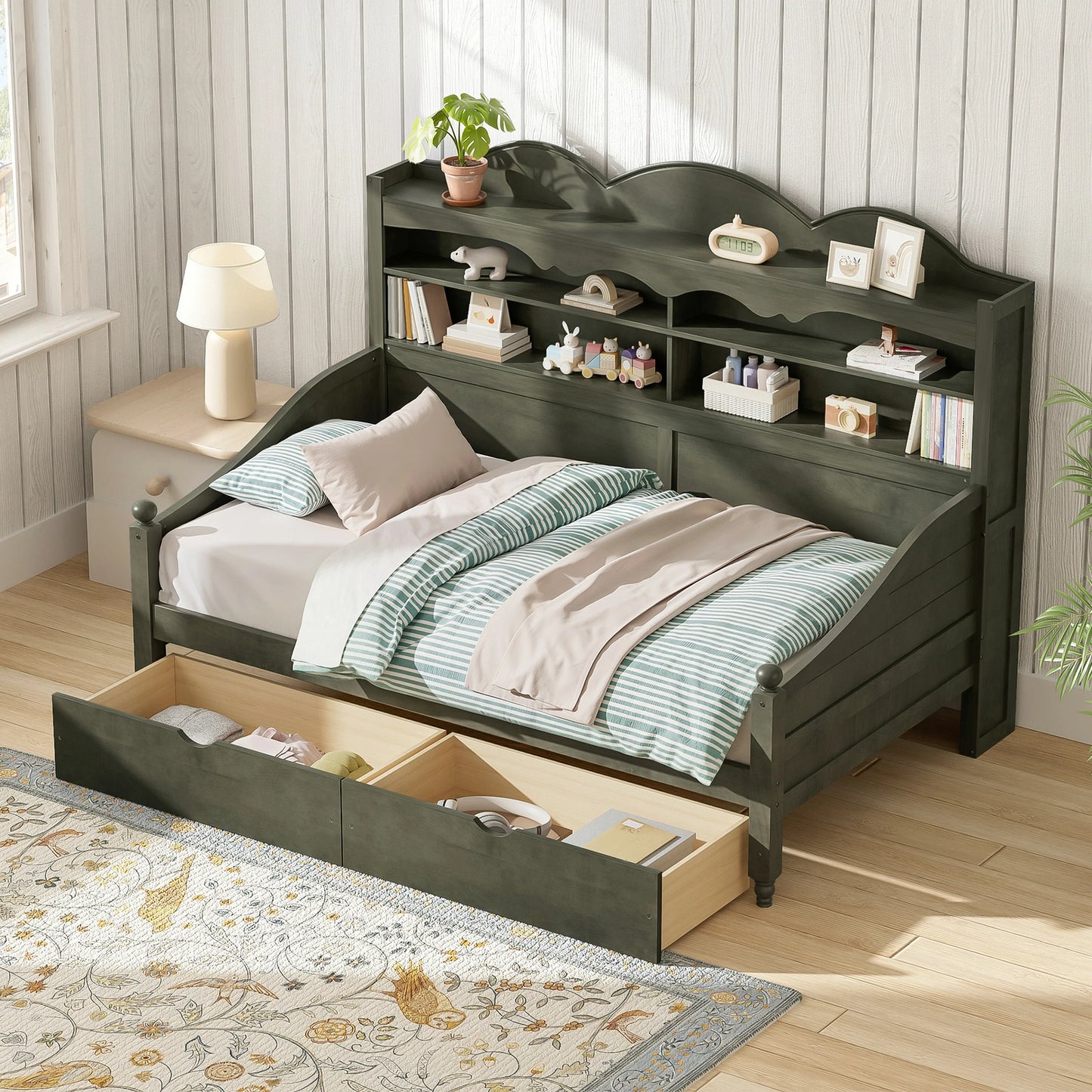 Wooden_twin_daybed_with_storage_headboard_open_shelving_and_two_pull-out_underbed_drawers_in_a_bright_bedroom_setting._This_space-saving_twin_storage_bed_helps_organize_books