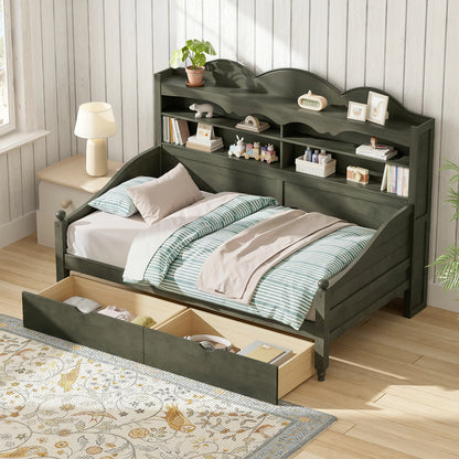 Wooden_twin_daybed_with_storage_headboard_open_shelving_and_two_pull-out_underbed_drawers_in_a_bright_bedroom_setting._This_space-saving_twin_storage_bed_helps_organize_books