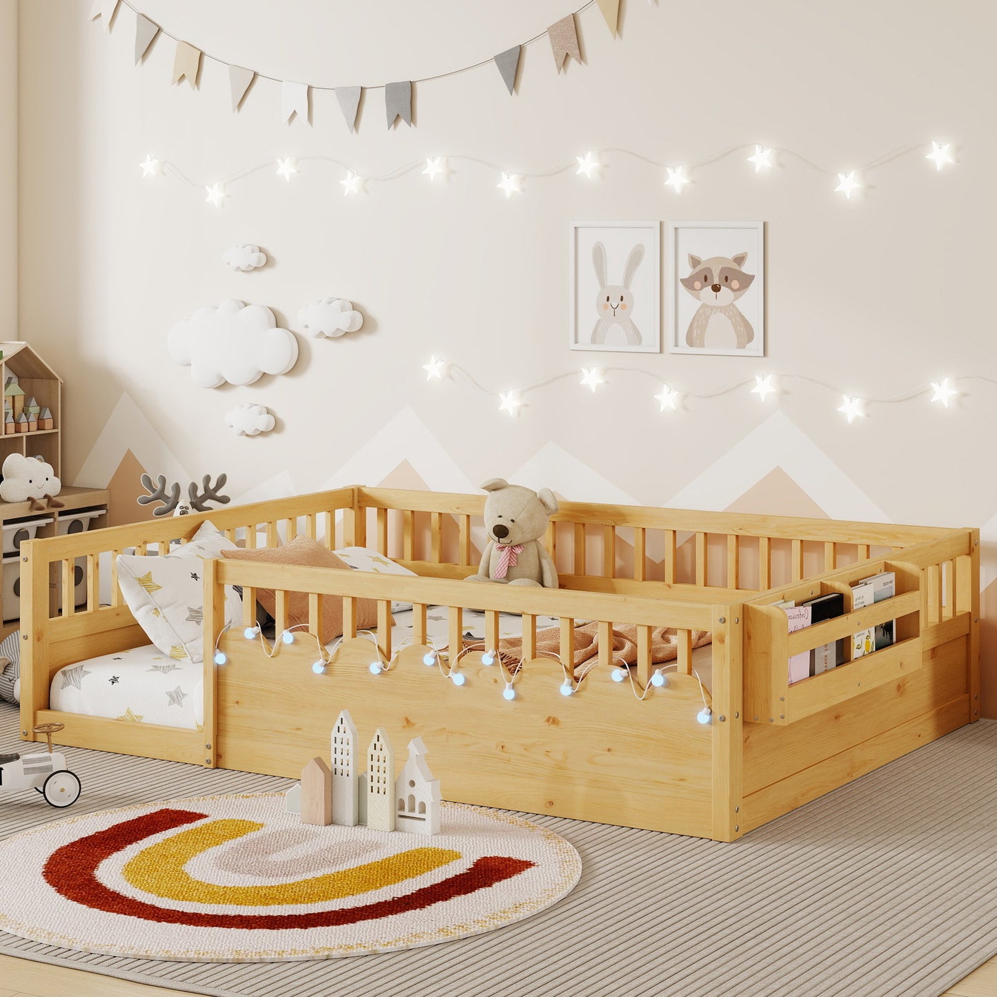 Mirightone™  Montessori Floor Bed Frame with High Rails, Wood Kids Floor Beds with Light and Storage Shelf