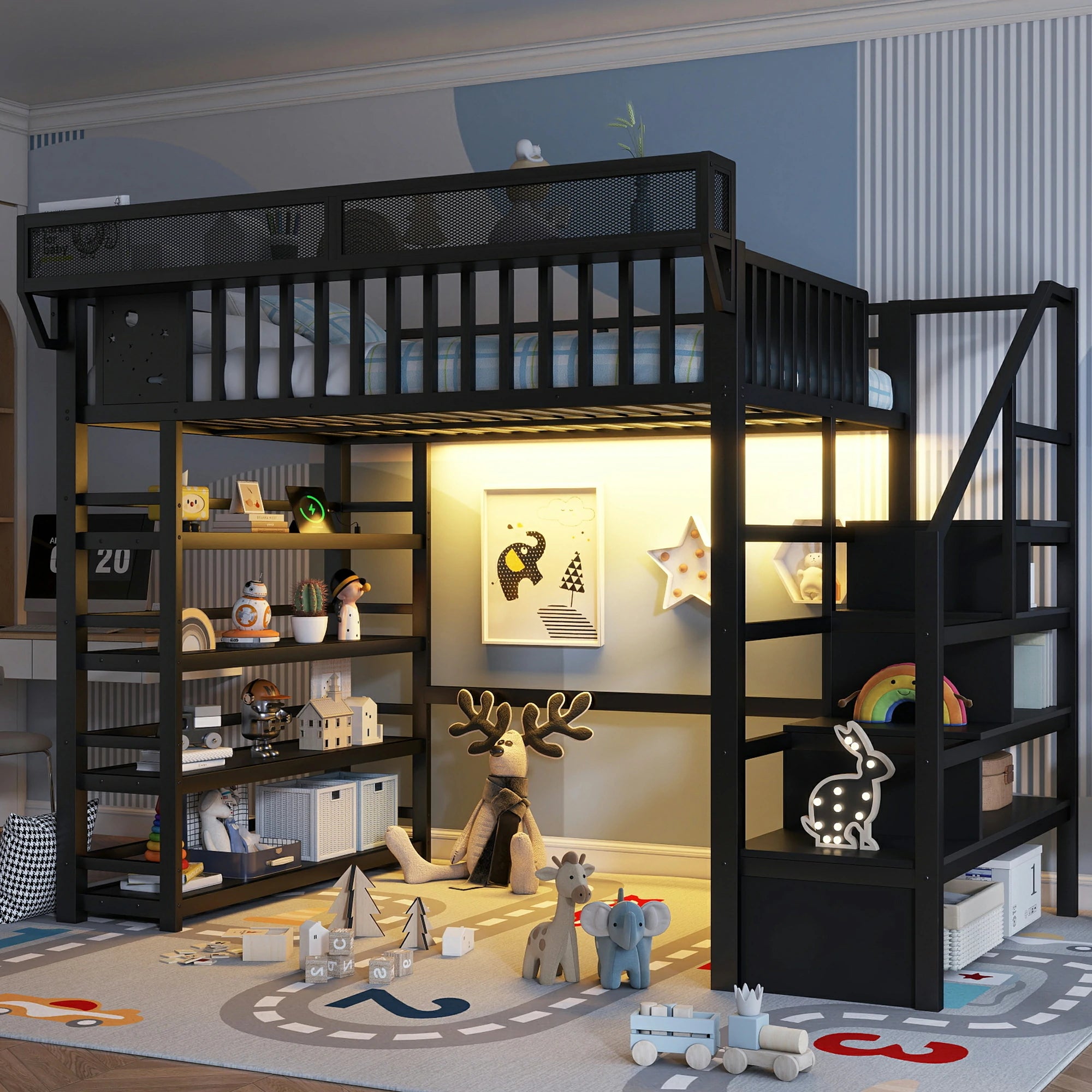 black-metal-loft-bed-child-room-storage-toys-lighting