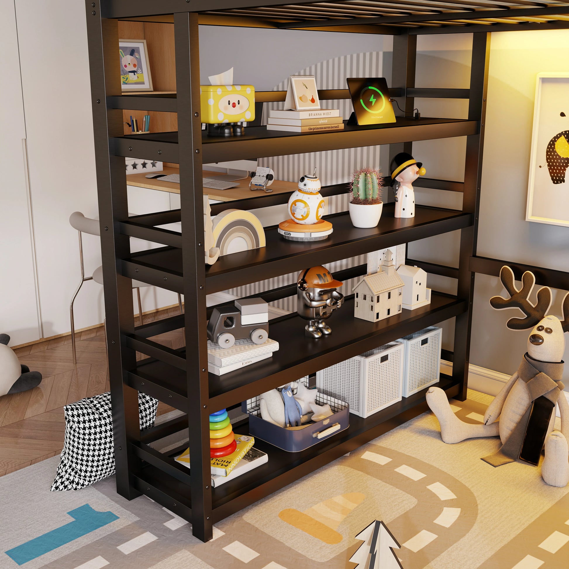 black-metal-loft-bed-decorative-items-top-shelf