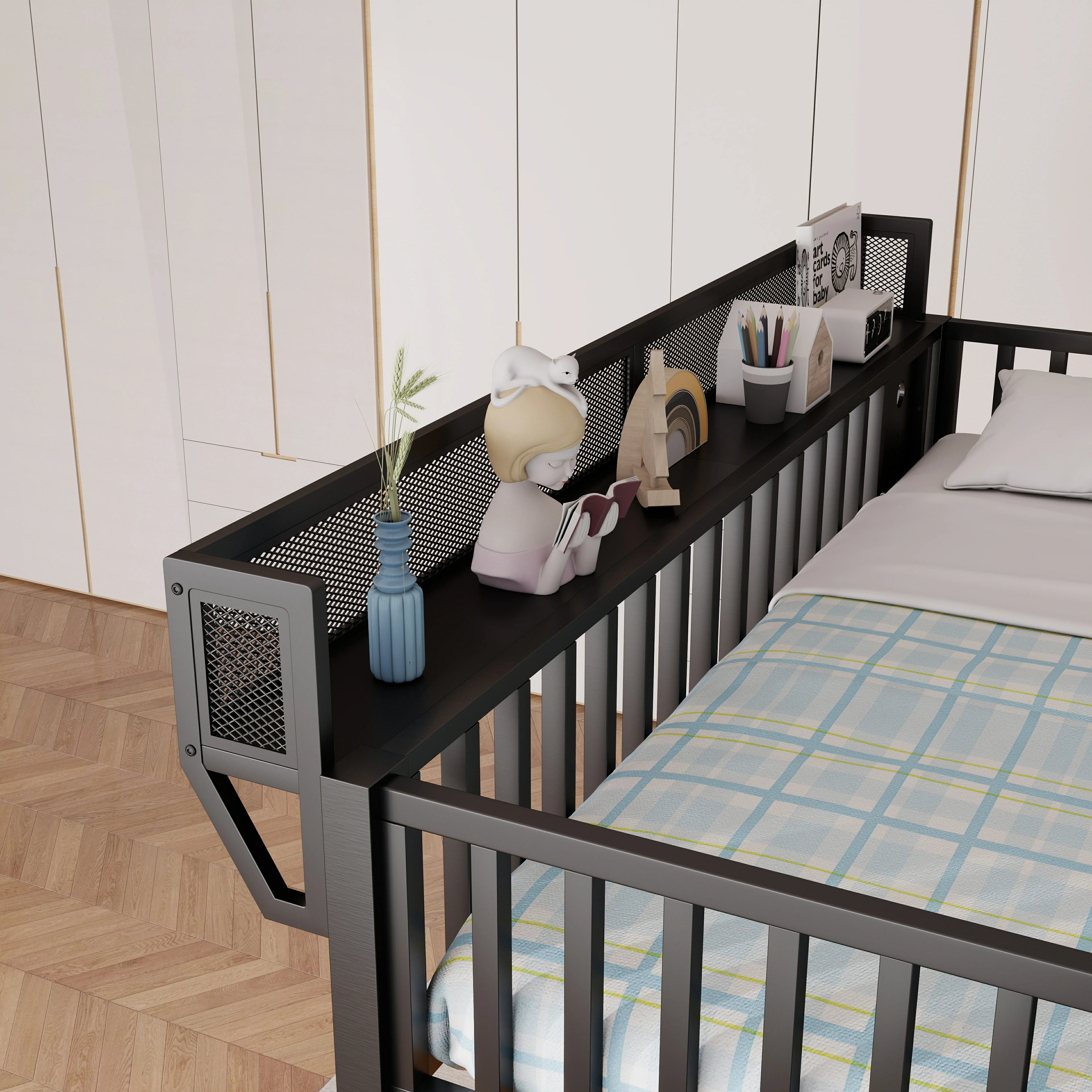 black-metal-loft-bed-kids-room-storage-toys-decor