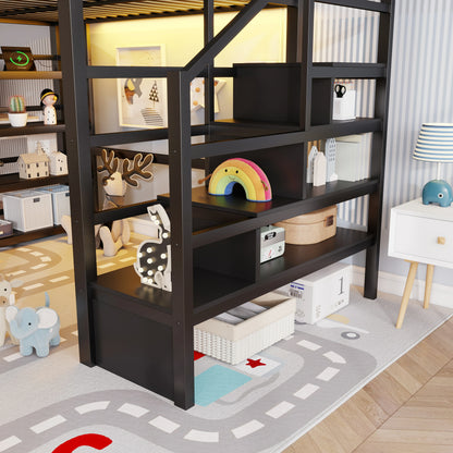 black-metal-loft-bed-storage-shelves-toys-room-decor