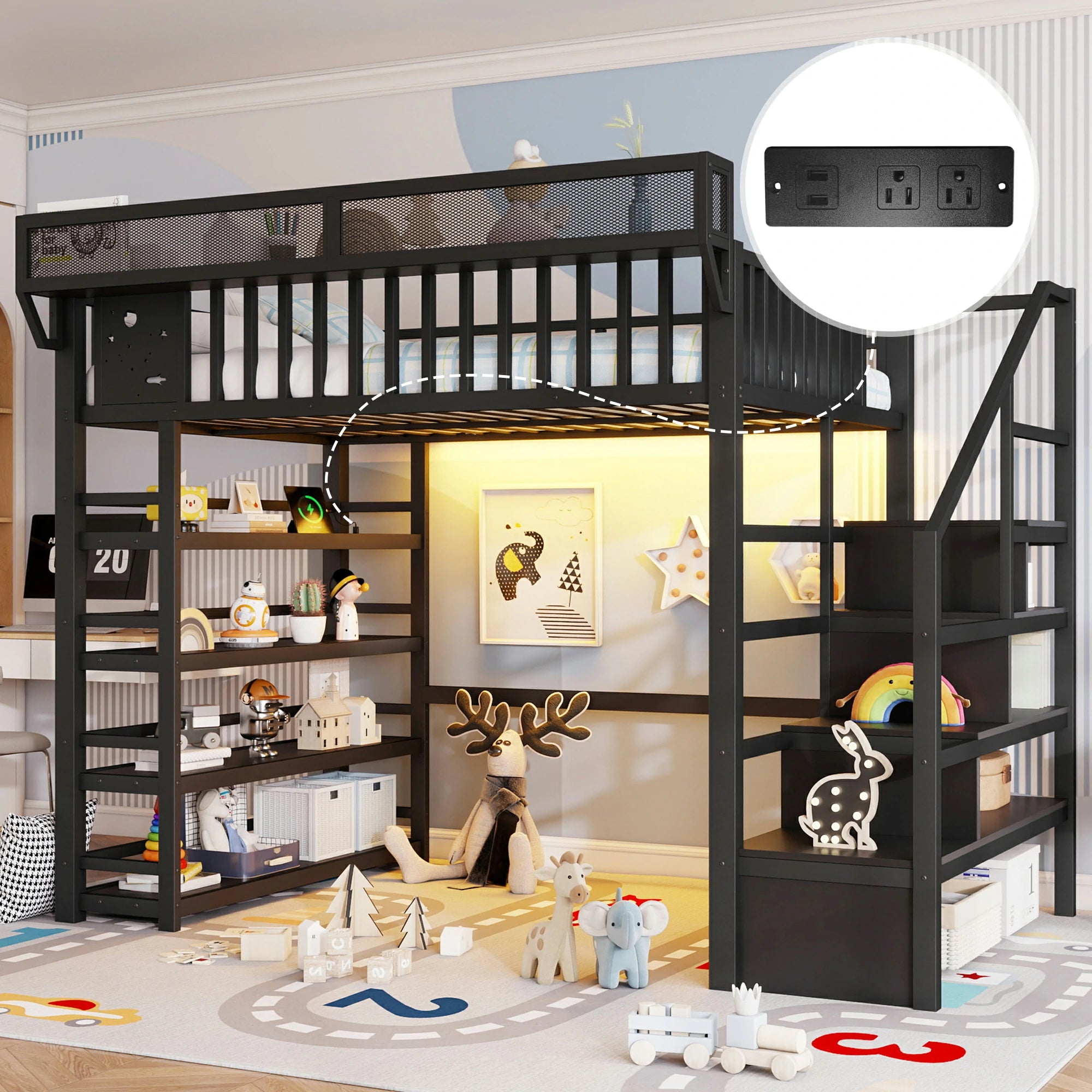 black-metal-loft-bed-with-power-outlet-playful-kids-room.