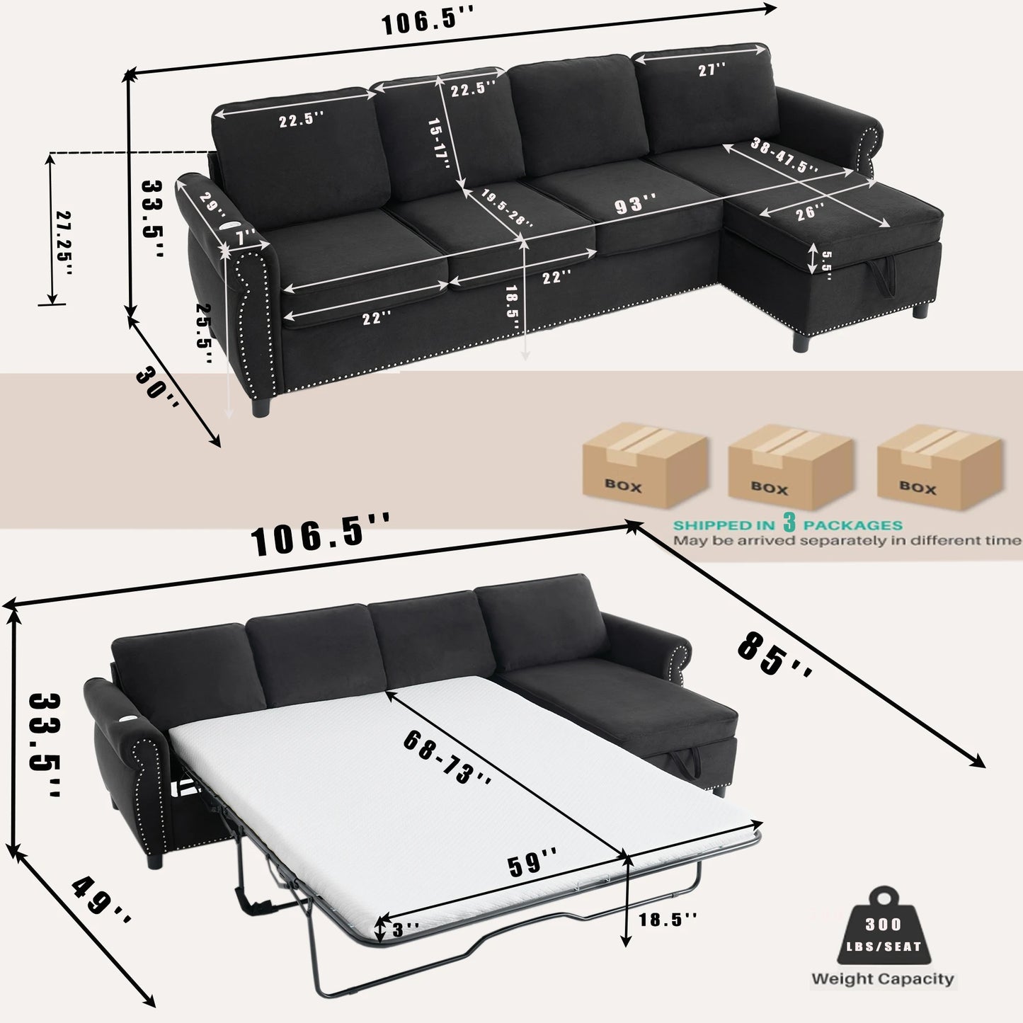 black-sectional-sleeper-sofa-dimensions-chaise-bed.