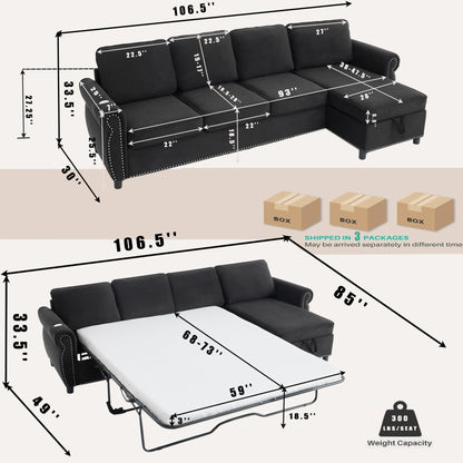 black-sectional-sleeper-sofa-dimensions-chaise-bed.