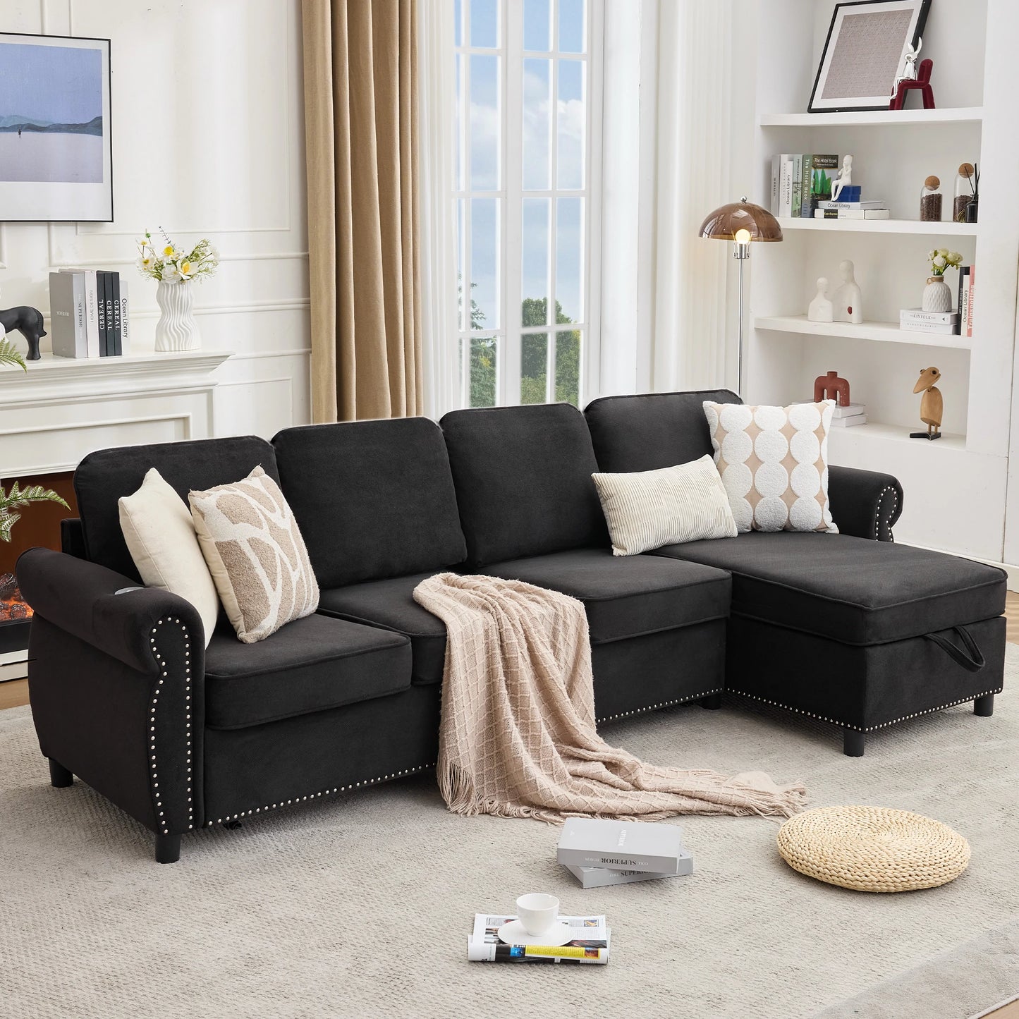black-sectional-sofa-storage-chaise-decorative-pillows-living-room.