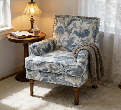 blue-floral-accent-chair-living-room-blue-white-toile-fabric