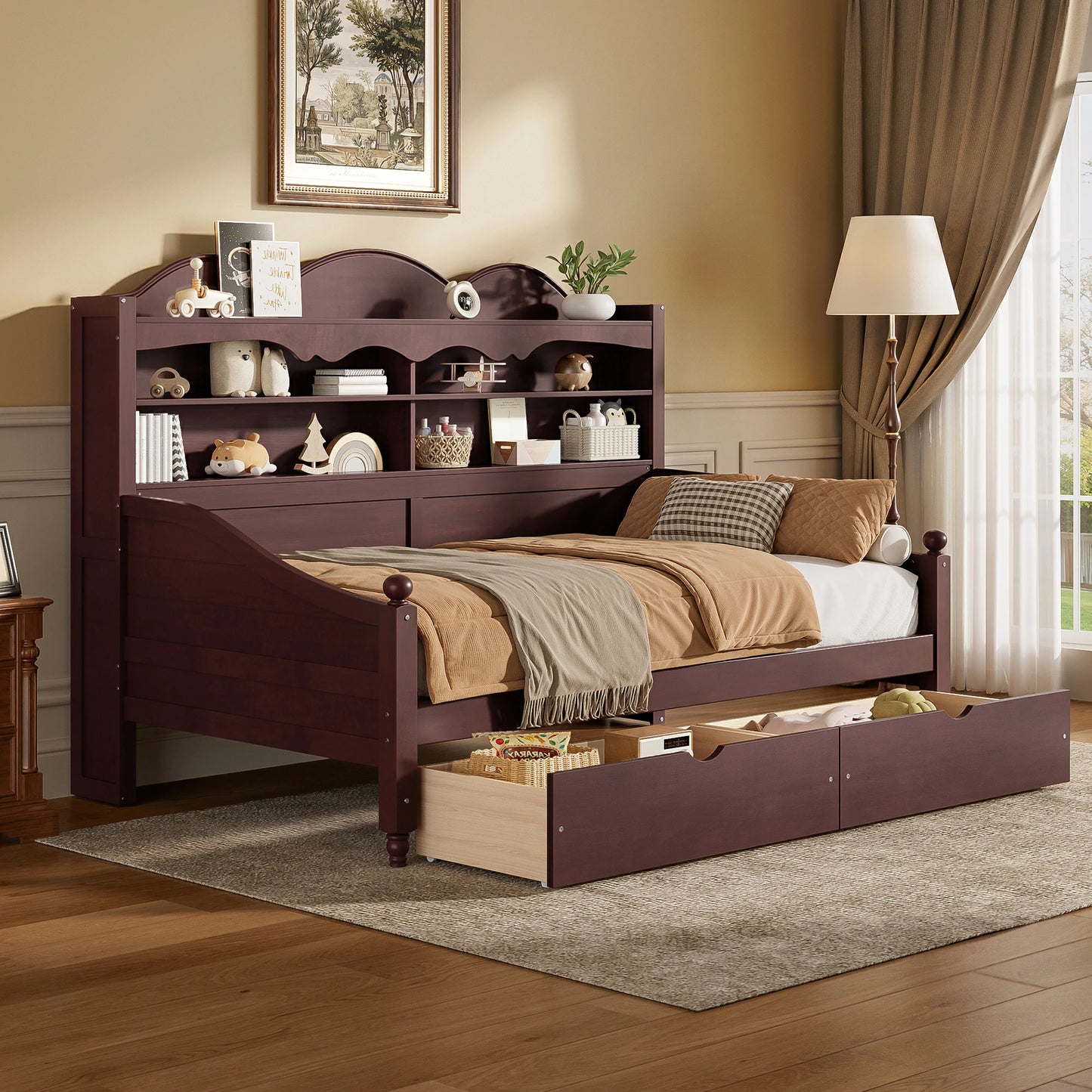 brown-twin-daybed-with-bookcase-headboard-and-2-storage-drawers-room.