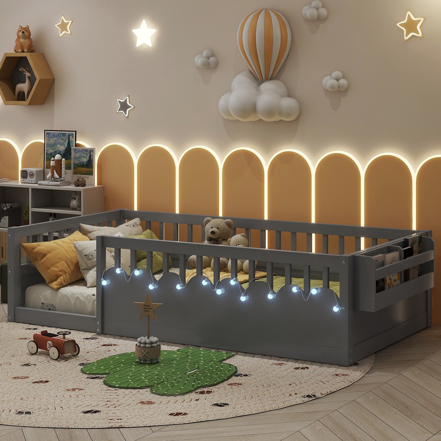 Mirightone™  Montessori Floor Bed Frame with High Rails, Wood Kids Floor Beds with Light and Storage Shelf