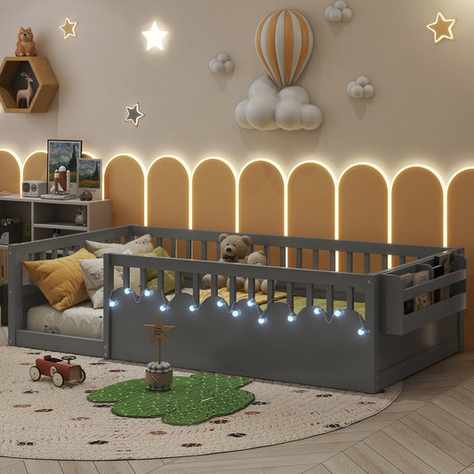 Mirightone™  Montessori Floor Bed Frame with High Rails, Wood Kids Floor Beds with Light and Storage Shelf