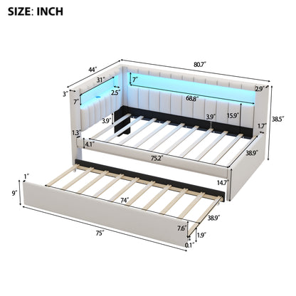Mirightone™ Upholstered Daybed with Desk and Storage, Corner Bed with LED Light & Charging Station for Adults Teens Kids