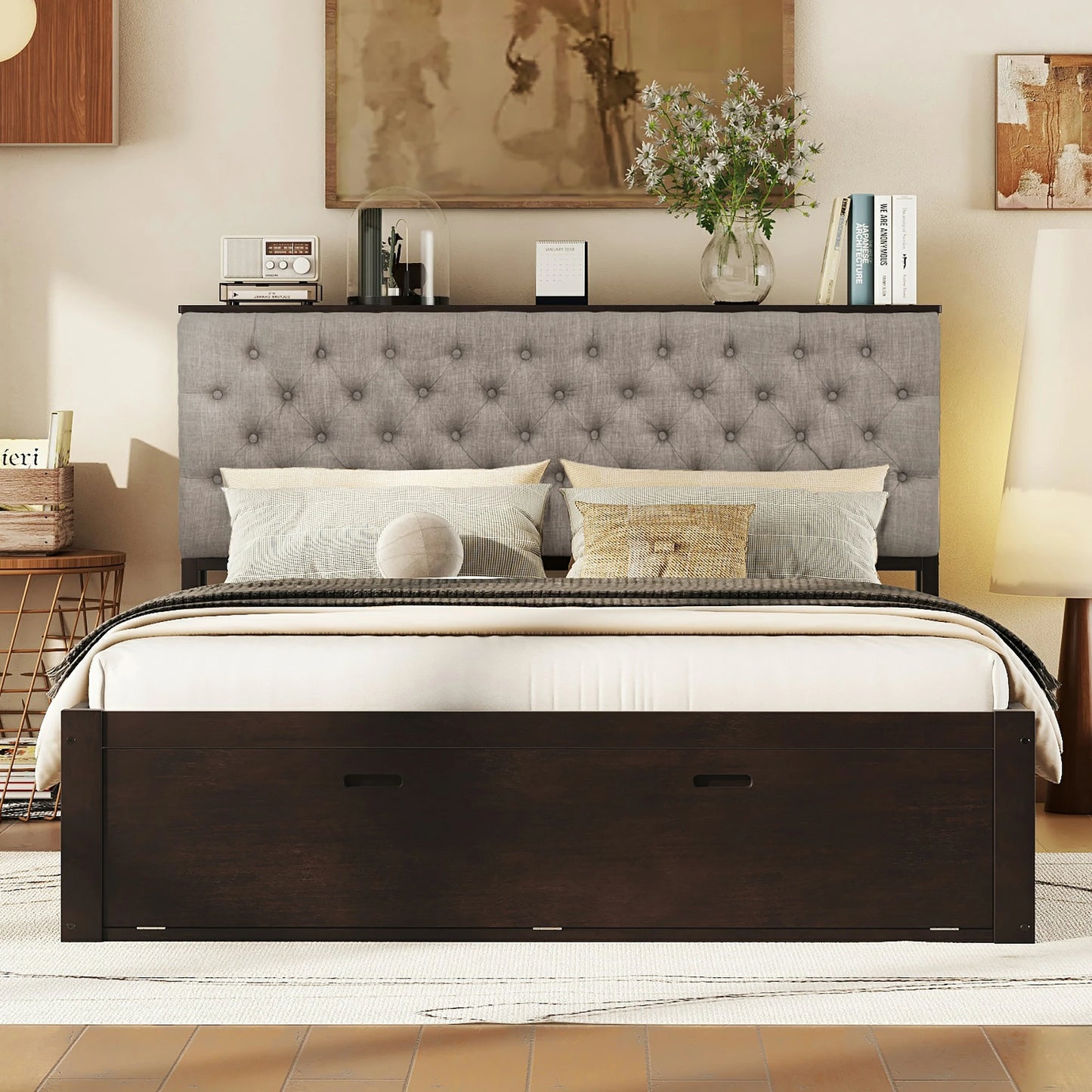 Mirightone™ Wood Queen Size Platform Bed with Storage Headboard, shoe rack and 4 drawers