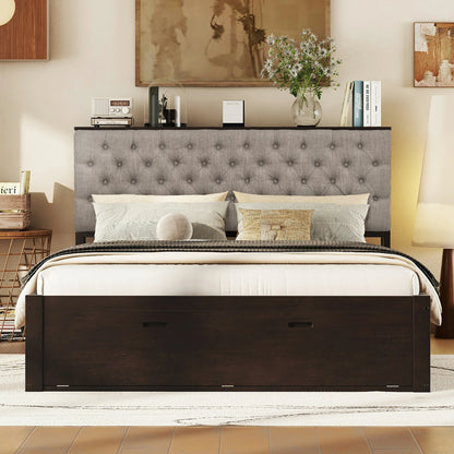 Mirightone™ Wood Queen Size Platform Bed with Storage Headboard, shoe rack and 4 drawers