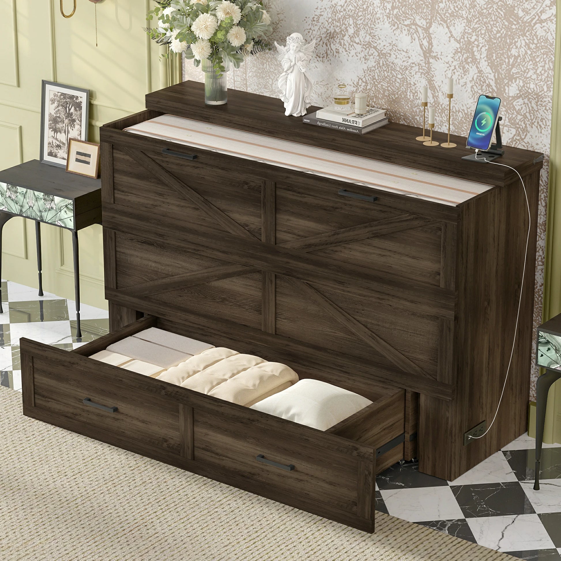 darkwoodmurphybedwithpulloutstoragedrawerhiddenbedcabinet