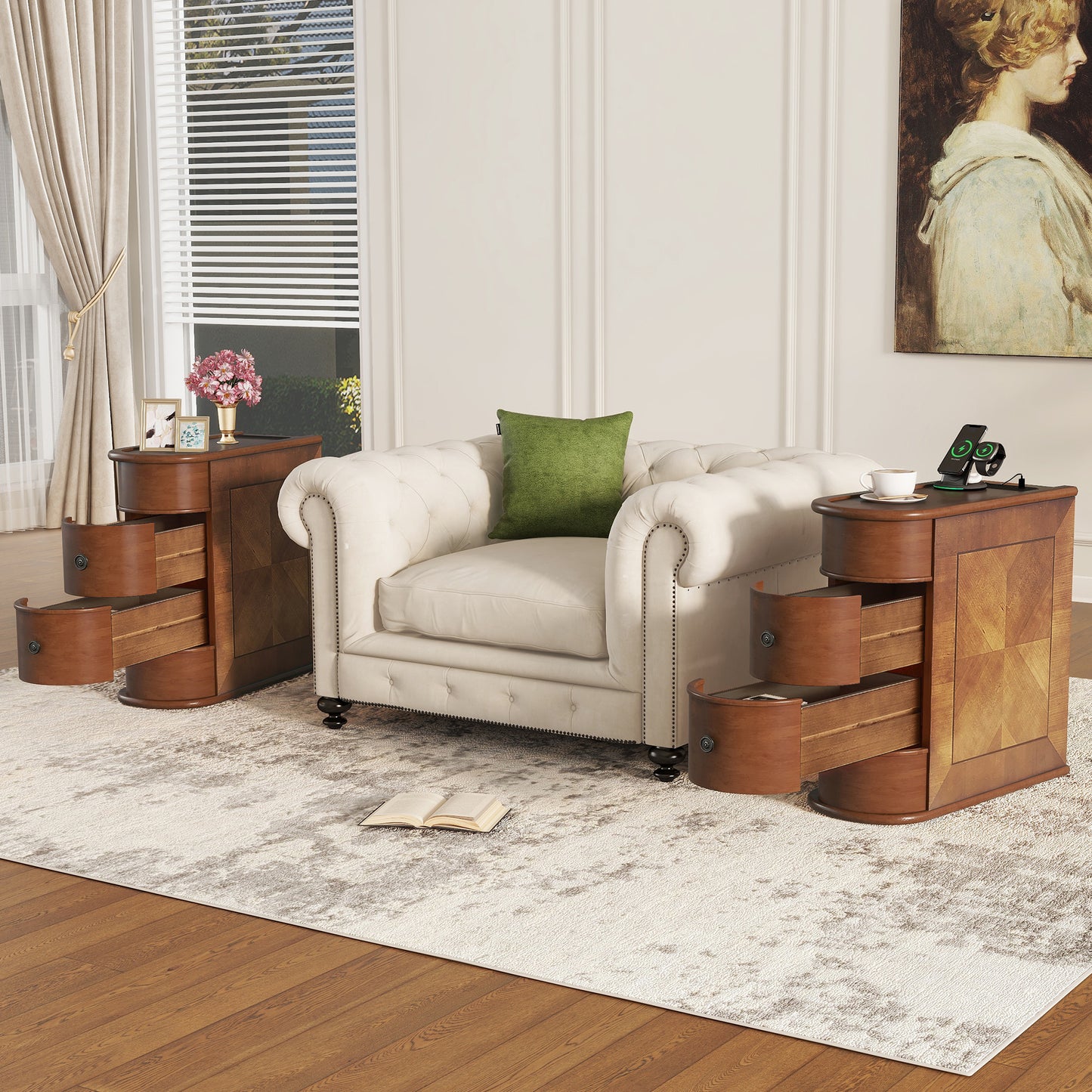 Narrow End Table with Charging Station, Brown
