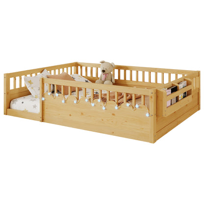 Mirightone™  Montessori Floor Bed Frame with High Rails, Wood Kids Floor Beds with Light and Storage Shelf