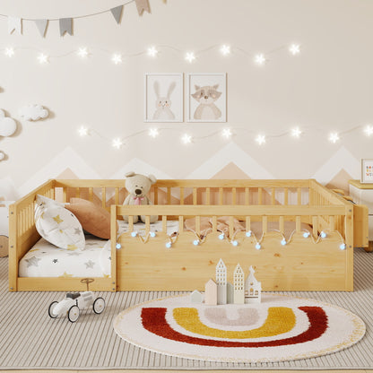Mirightone™  Montessori Floor Bed Frame with High Rails, Wood Kids Floor Beds with Light and Storage Shelf