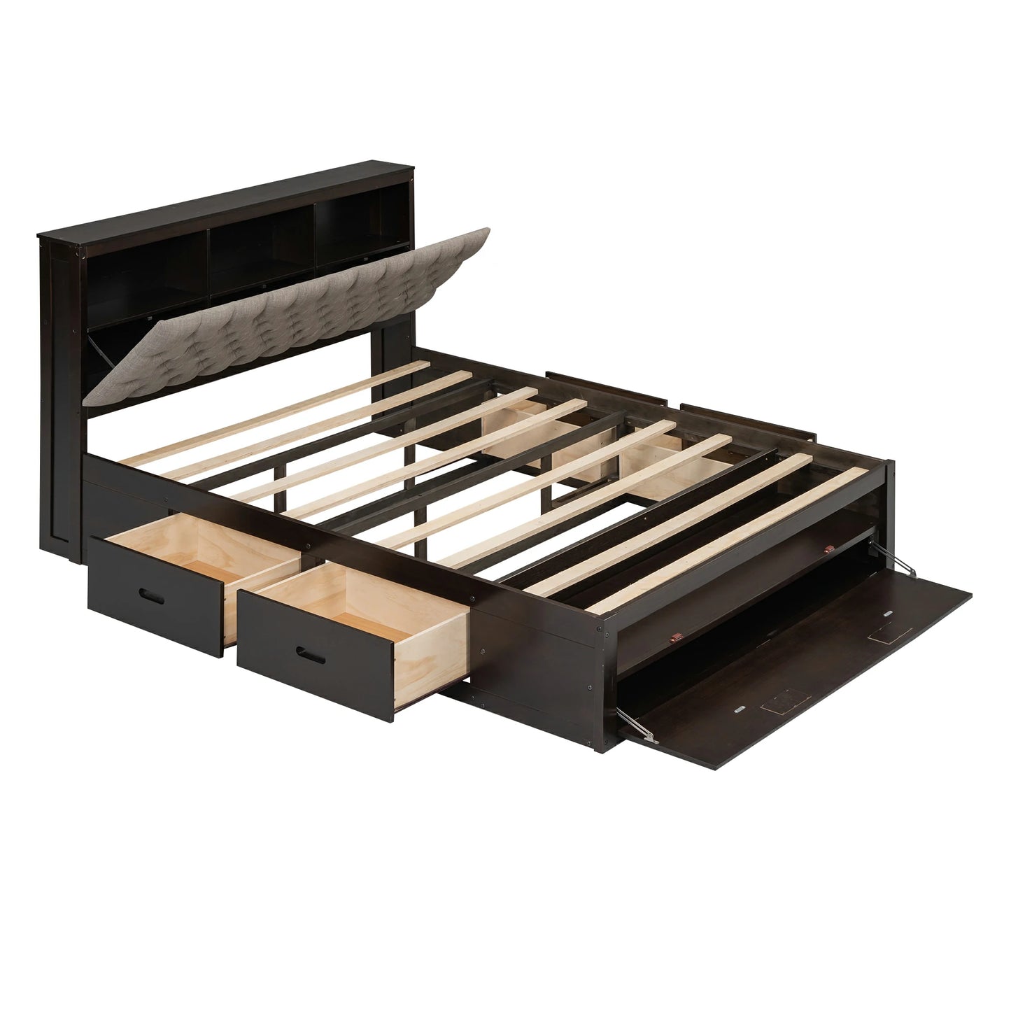 Mirightone™ Wood Queen Size Platform Bed with Storage Headboard, shoe rack and 4 drawers