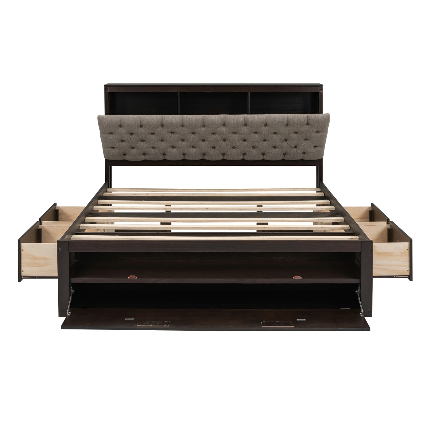 Mirightone™ Wood Queen Size Platform Bed with Storage Headboard, shoe rack and 4 drawers