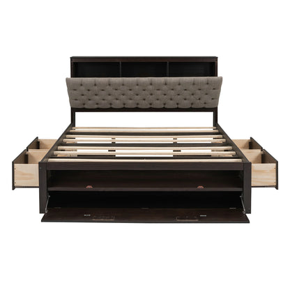 Mirightone™ Wood Queen Size Platform Bed with Storage Headboard, shoe rack and 4 drawers