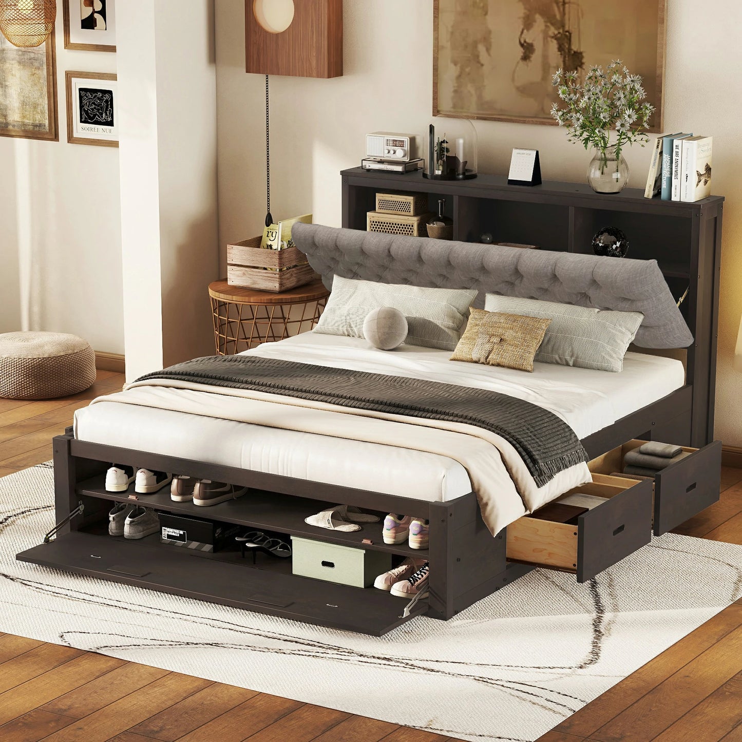 Mirightone™ Wood Queen Size Platform Bed with Storage Headboard, shoe rack and 4 drawers