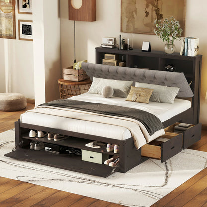 Mirightone™ Wood Queen Size Platform Bed with Storage Headboard, shoe rack and 4 drawers